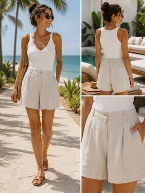 Eileen Fisher Organic Linen Pleated Bermuda Shorts Tan Women’s L